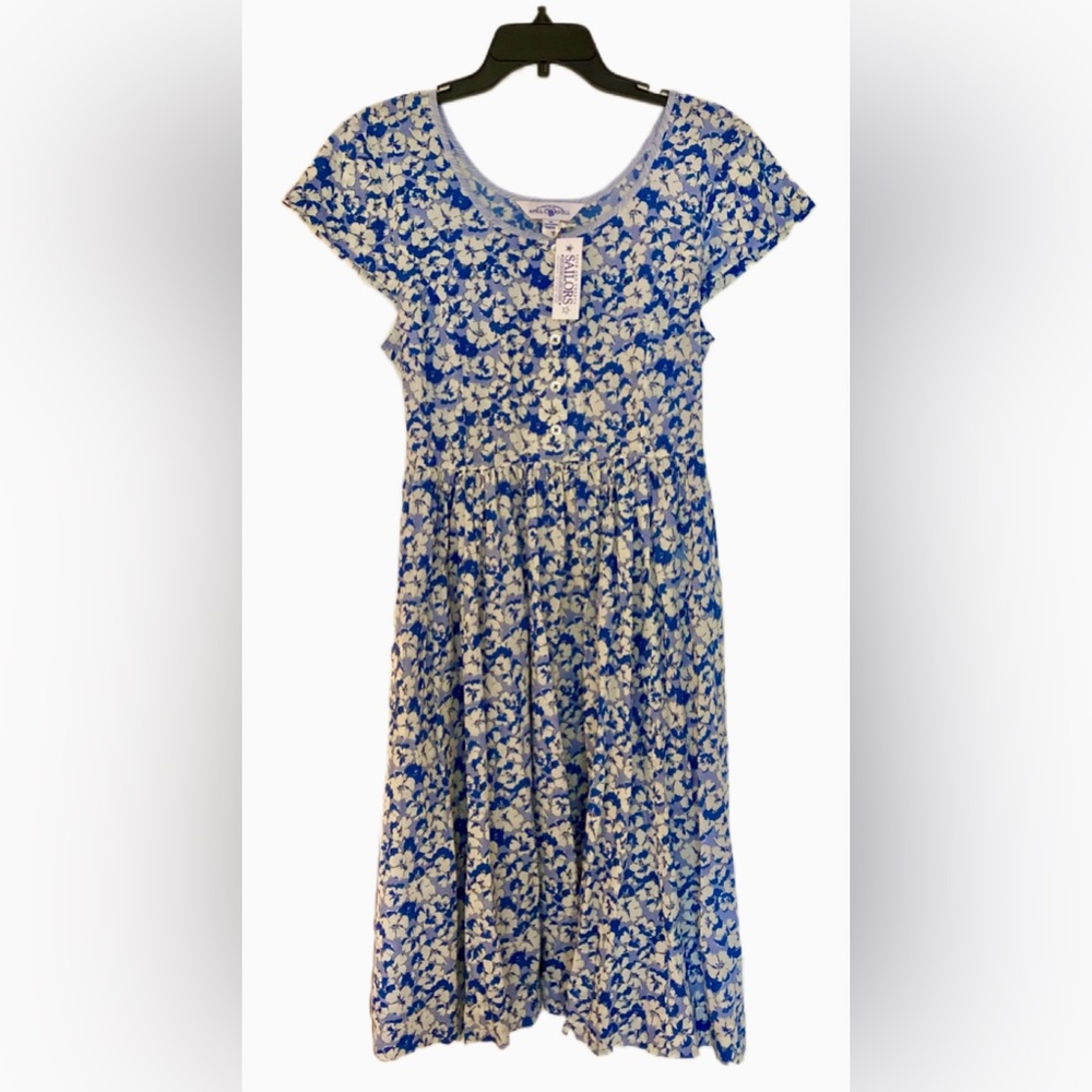 April Cornell Blue Daisy Scoop Neck Dress. Front Buttons. Tie Back. NWT. Size M.